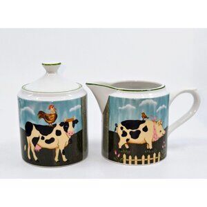 Vintage Ceramic Creamer & Sugar Set With Farm Animal pig, cow chickens